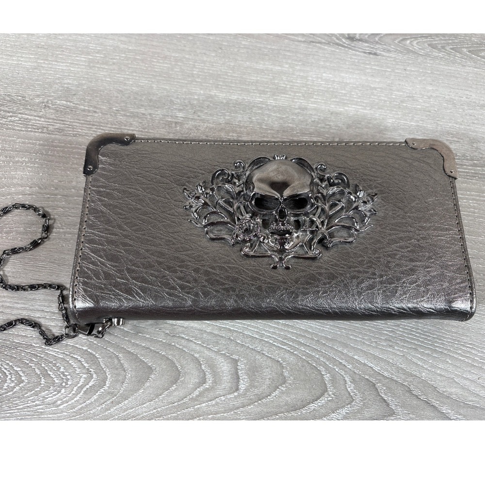 Gothic Skull Filigree Zip Around Wallet Pewter Metallic Faux Leather Wristlet